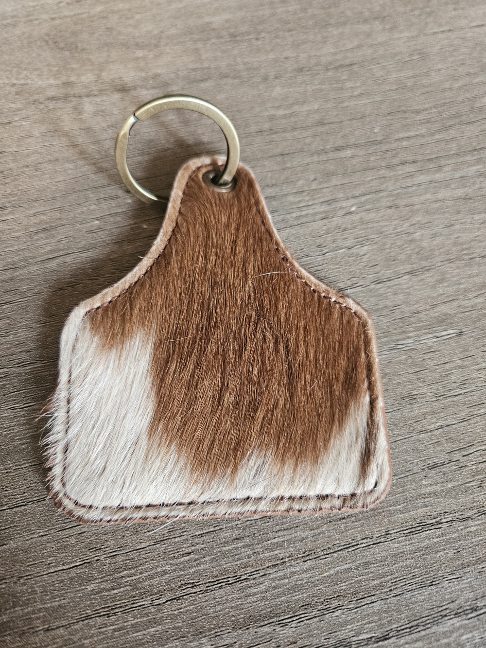 Brown and White Cowhide And Leather Keychain with Brass Ring - NWOT